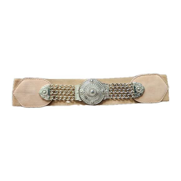 Vtg Arden B Women\'s Wide Elastic Belt Waist Gold Metal disc & chains Buckle S/M